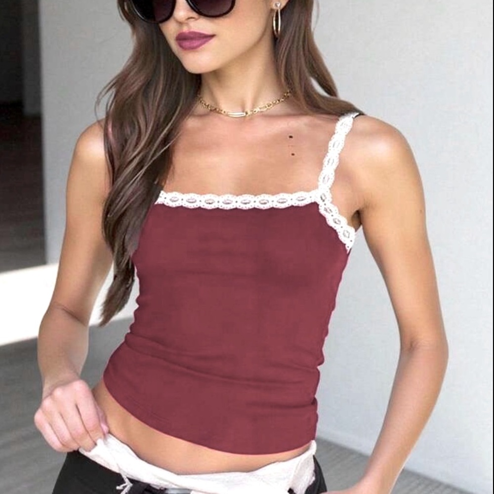 H&M tank white lace trim square neckline and straps